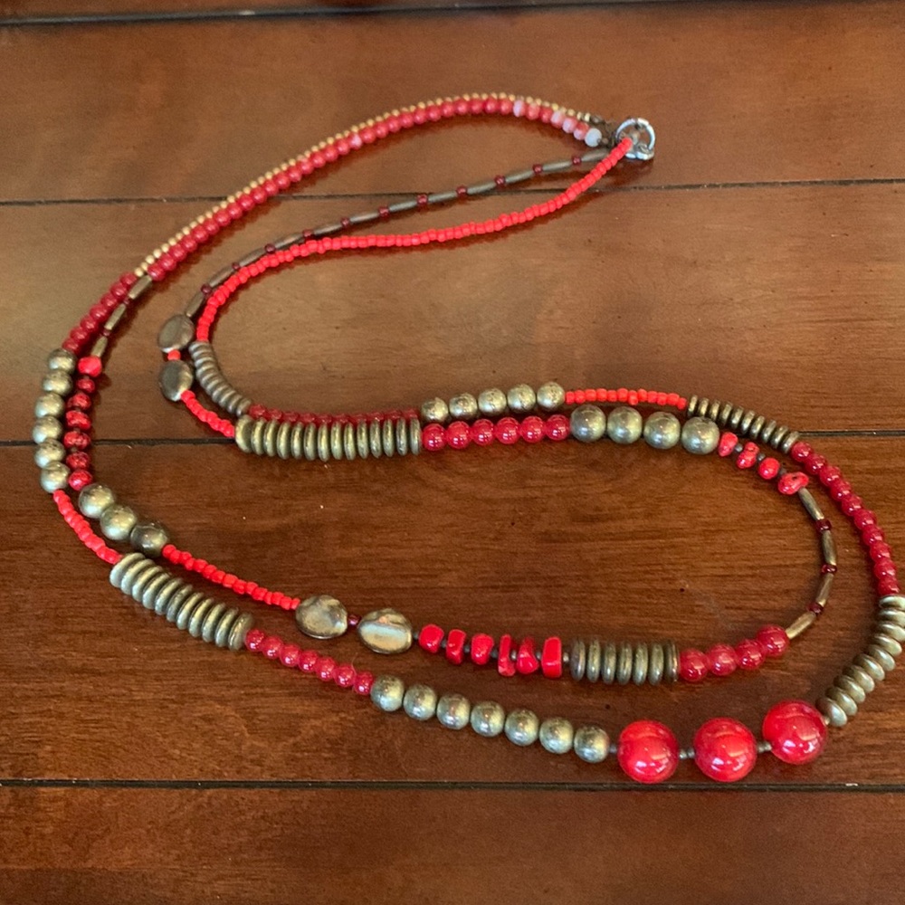 Red & bronze multi strand beaded necklace